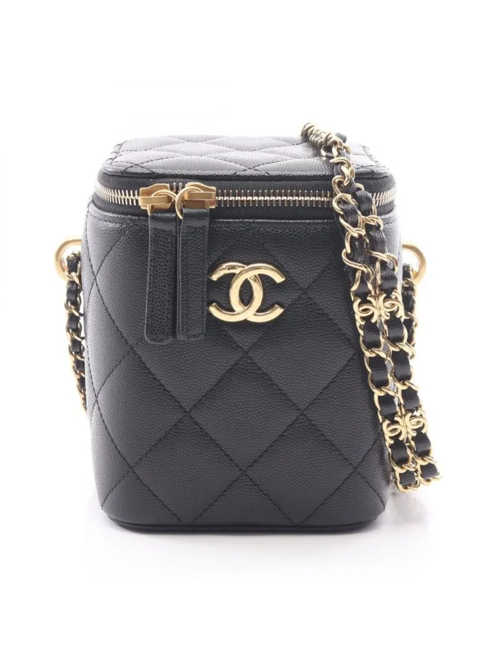 Chanel Shoulder Bag Quilted Vanity Black Caviar Leather Chain